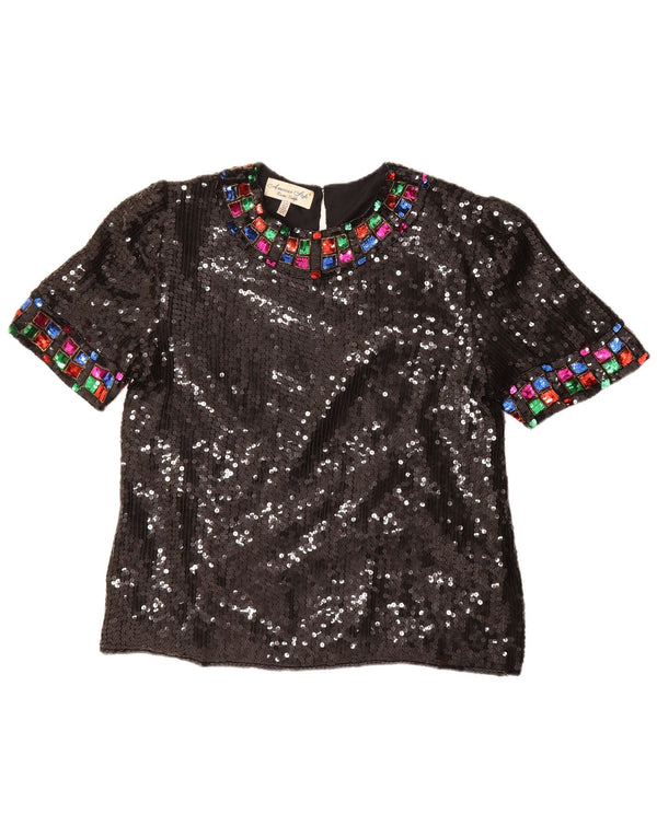 Vintage mujer lentejuelas blusa Top Reino Unido 16 grande seda negra