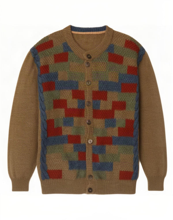 Vintage hombres Cardigan suéter XL marrón geométrico