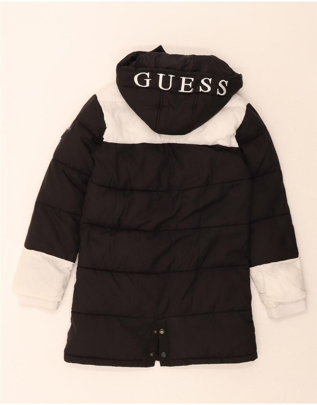 GUESS Womens Graphic Hooded Padded Jacket US 10 Large Black Colourblock Vintage Guess and Second-Hand Guess from Messina Hembry 