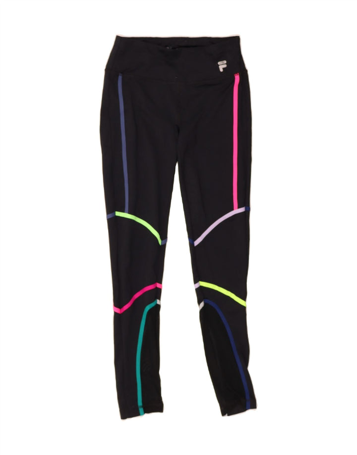 FILA Womens Abstract Pattern Leggings UK 14 Medium Navy Blue Vintage Fila and Second-Hand Fila from Messina Hembry 