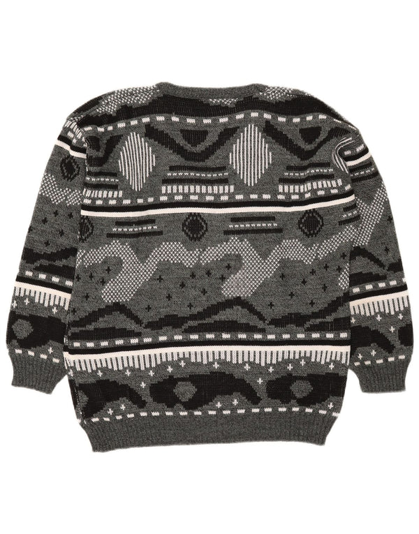 Vintage hombres V-cuello jumper suéter XL gris geométrico acrílico
