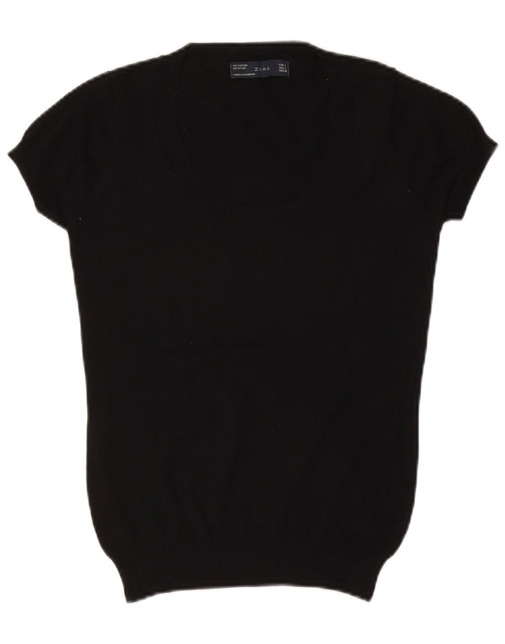 ZARA Jersey corto de manga corta con cuello barco para mujer, talla 40, talla grande, color negro