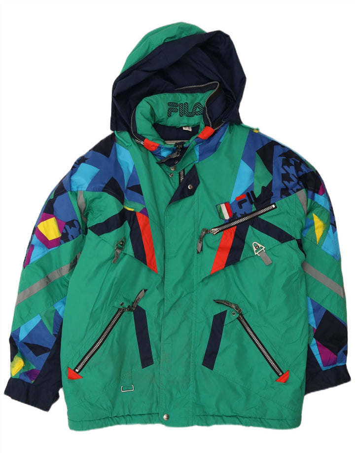 Fila Chaqueta de esquí con capucha para hombre, ajuste holgado, IT 52, grande, verde, geométrico