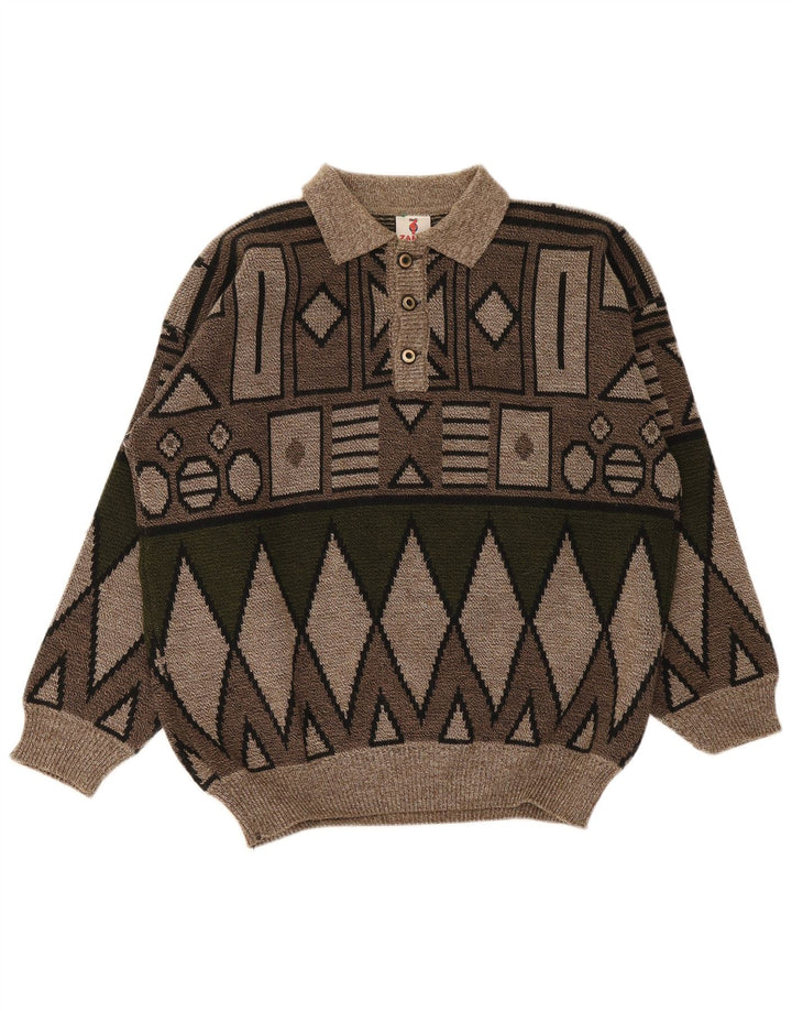 Vintage hombres polo cuello jersey suéter medio marrón geométrico