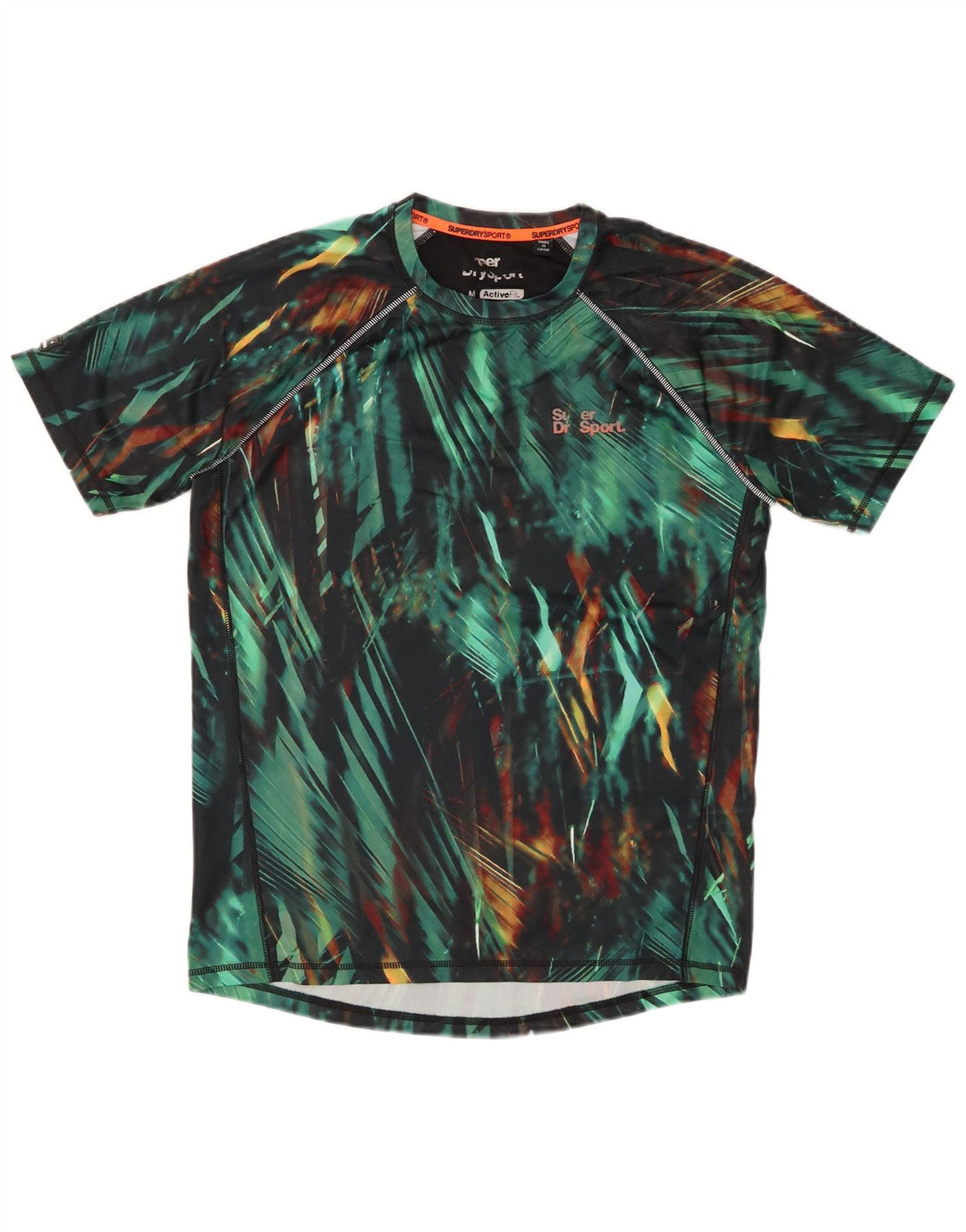 SUPERDRY Hombre Active Camiseta Top Verde Medio Geométrico