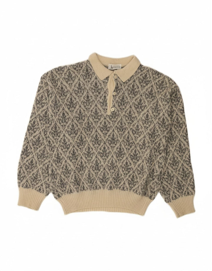 VINTAGE Mens Polo Neck Jumper Sweater Medium Beige Argyle/Diamond Wool
