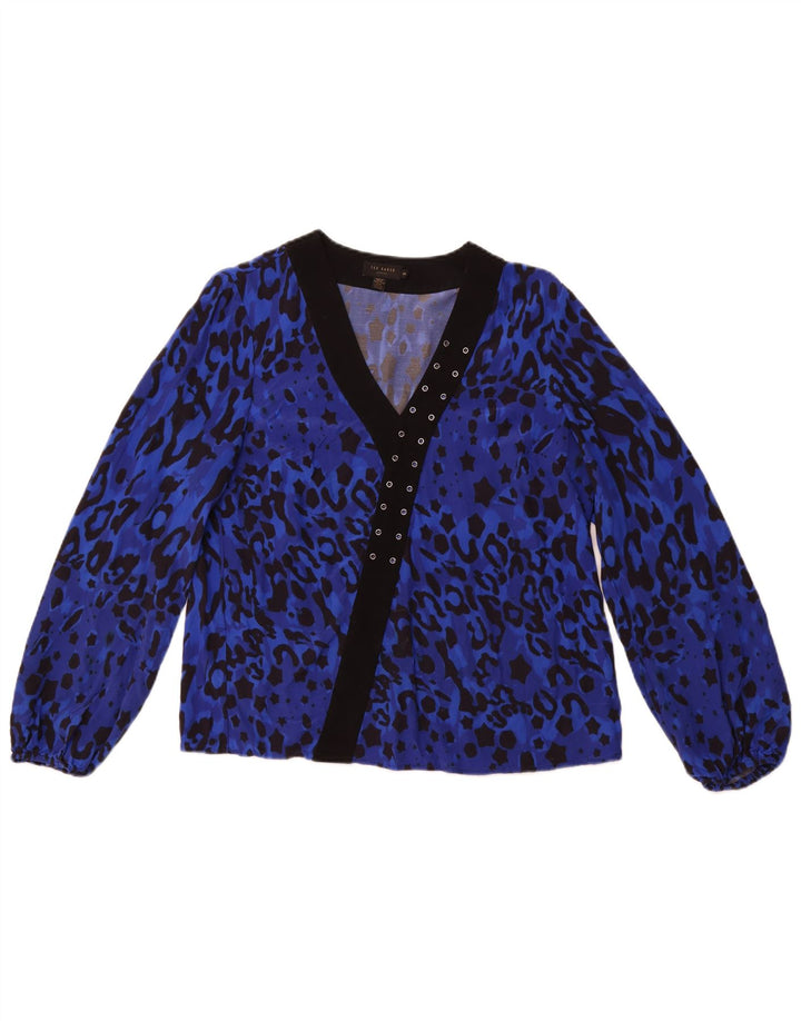 TED BAKER Blusa de manga larga para mujer talla 2 pequeña estampado animal azul