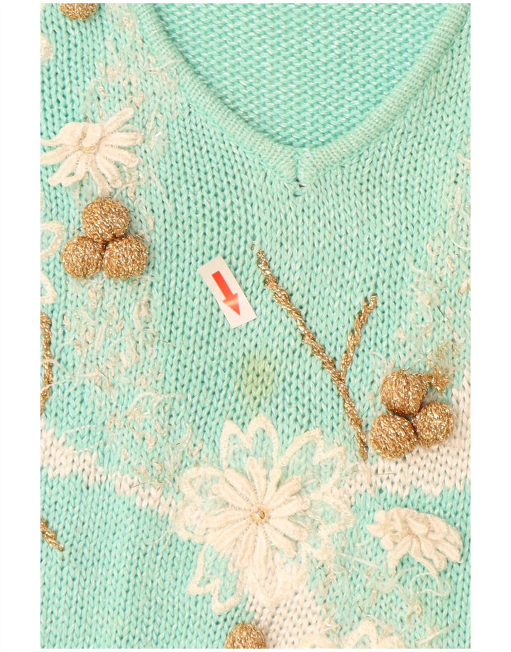 Vintage mujer V-cuello jumper suéter IT 44 medio turquesa poliacrílico