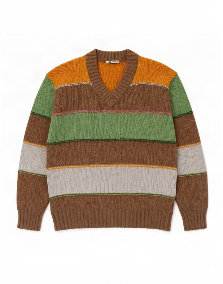 Zara Hombre Jersey Con Cuello En V Jersey Mediano Algodón Rayas Multicolor