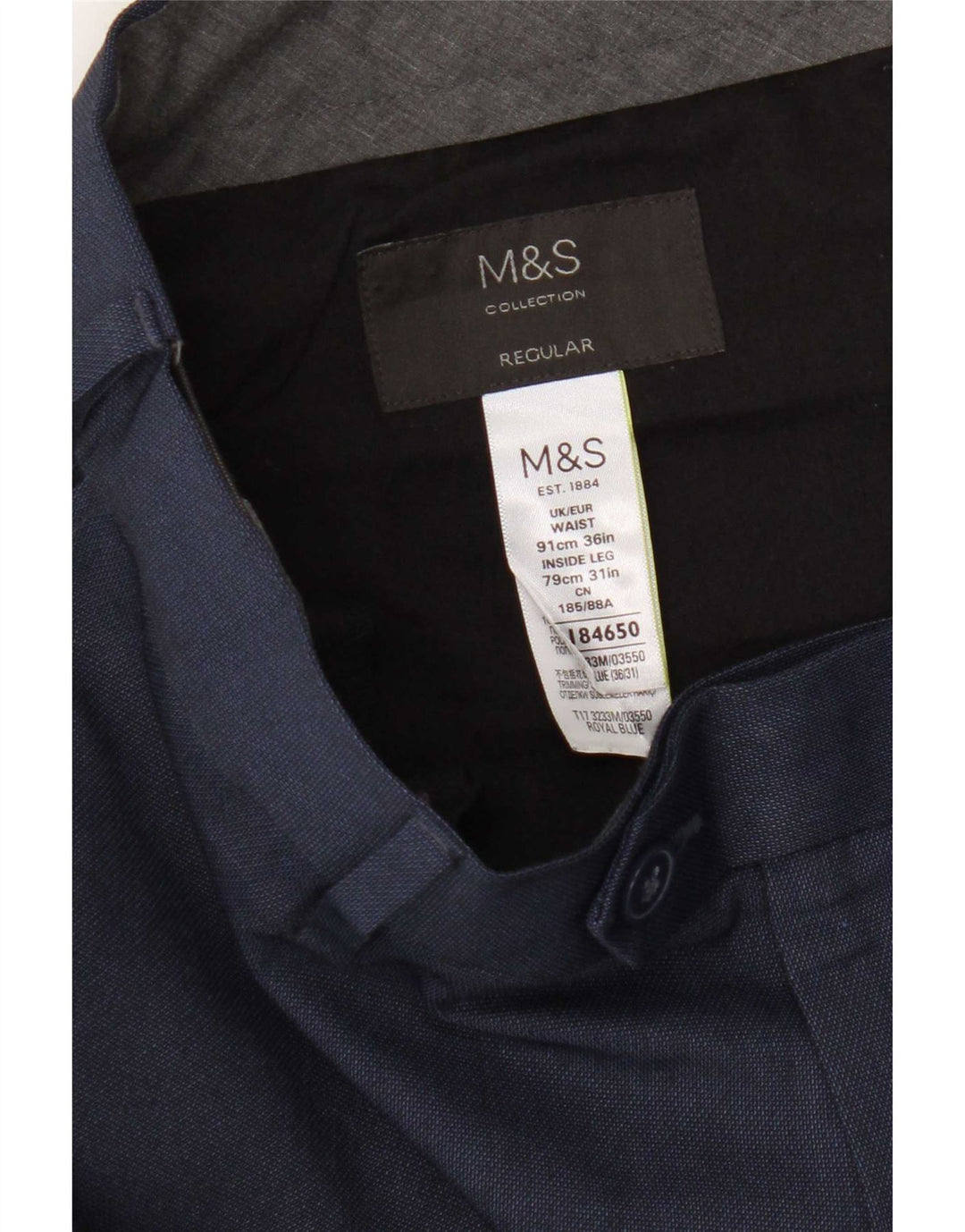 Marks & Spencer Pantalón de traje regular recto para hombre W36 L31 Azul marino
