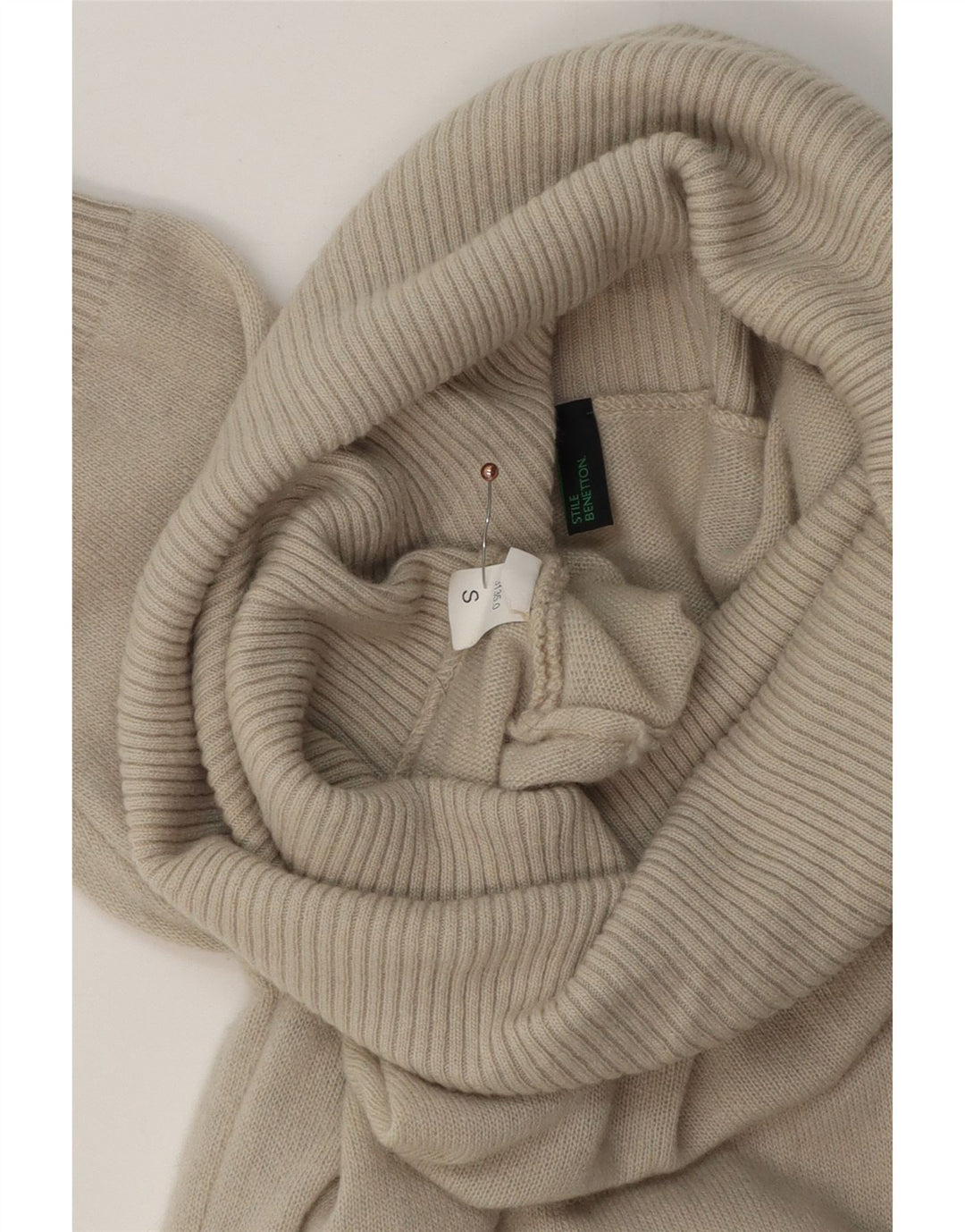 BENETTON Vestido tipo jersey de manga corta con cuello vuelto para mujer UK 40 Small Beige