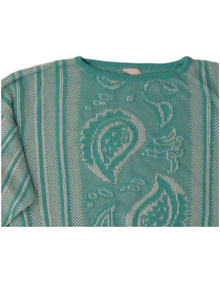 VINTAGE Mujer Barco Cuello Jersey Suéter Reino Unido 12 Medio Turquesa Paisley