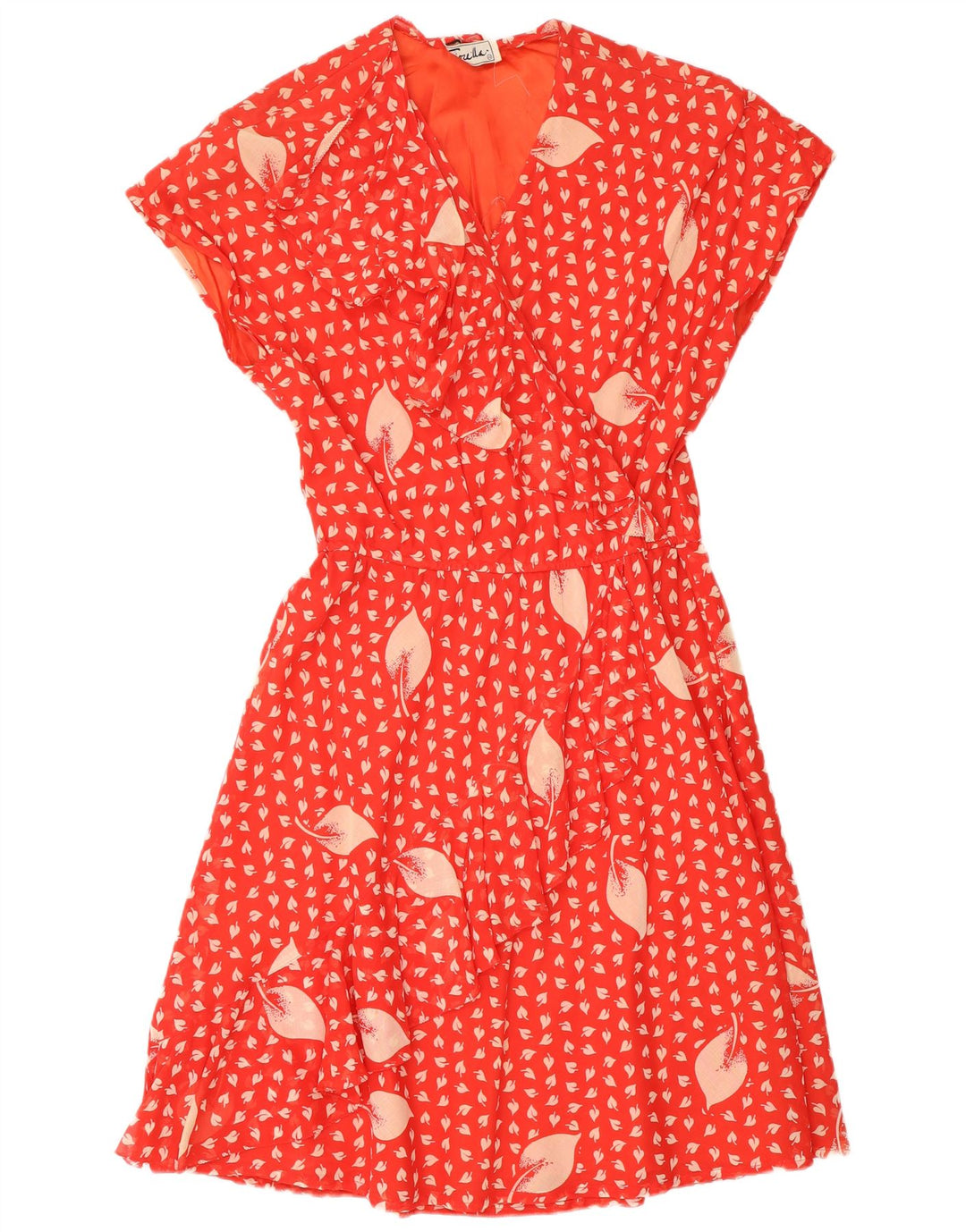 Vintage mujer volante frente una línea vestido ITB 44 medio rojo floral retro