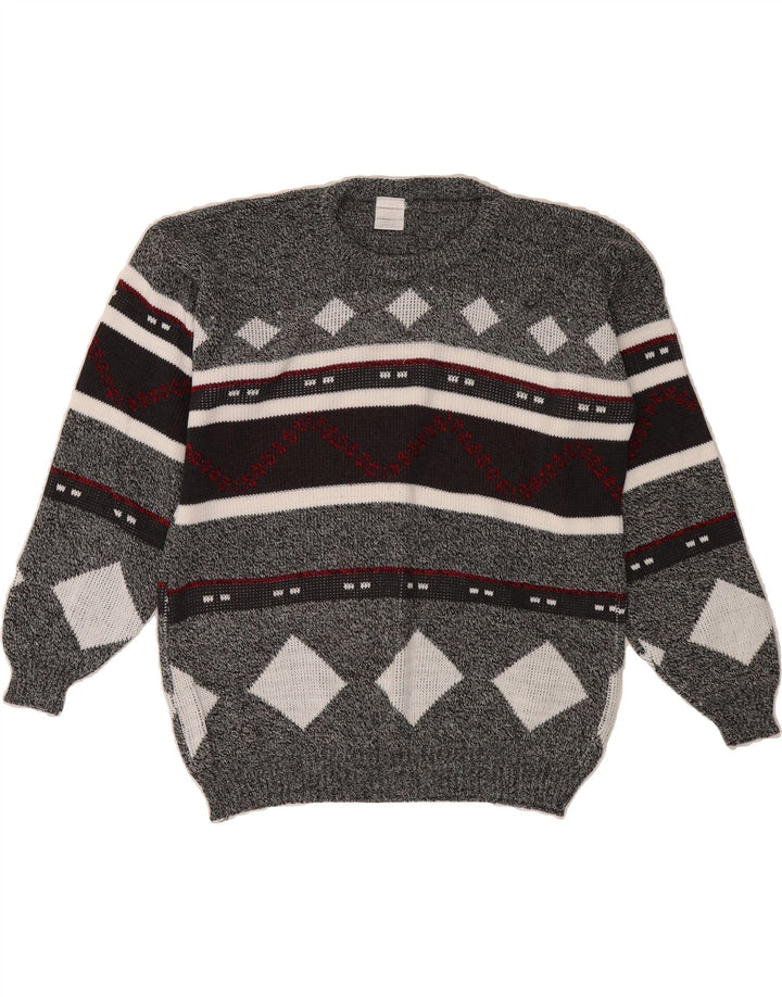 VINTAGE Mens Crew Neck Jumper Sweater Large Grey Argyle/Diamond Acrylic Vintage Vintage and Second-Hand Vintage from Messina Hembry 