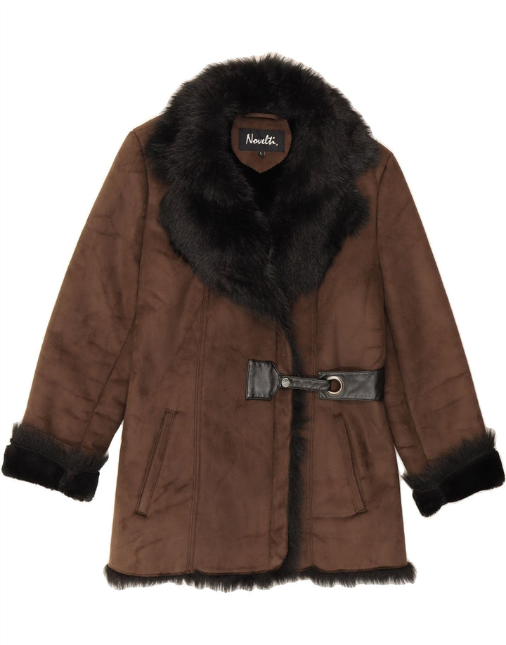 VINTAGE Womens Sherpa Overcoat UK 16 Large Brown Colourblock Polyester Vintage Vintage and Second-Hand Vintage from Messina Hembry 