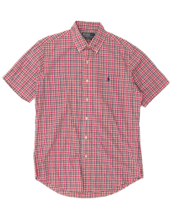 Polo Ralph Lauren Camisa de manga corta para hombre con ajuste personalizado a cuadros rosa medio