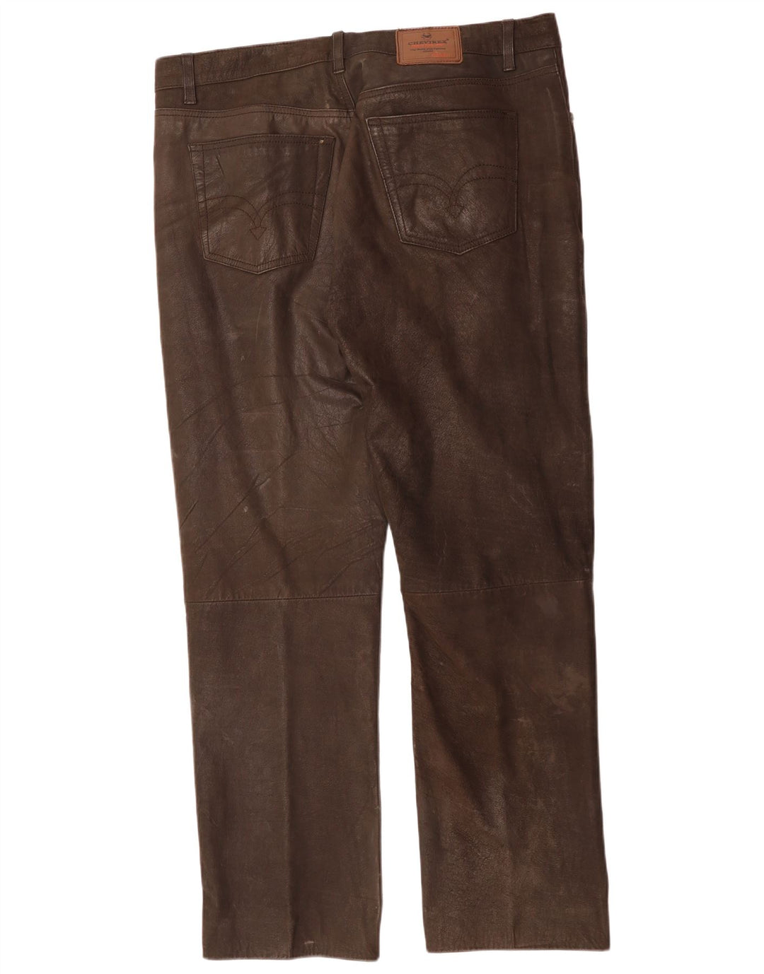 CHEVIREX Pantalón recto de cuero para hombre W40 L33 Cuero marrón