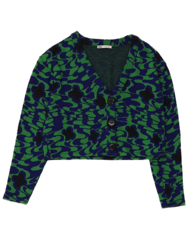 Zara Mujer Crop 3 Botones Blazer Chaqueta UK 10 Small Verde Floral Poliéster
