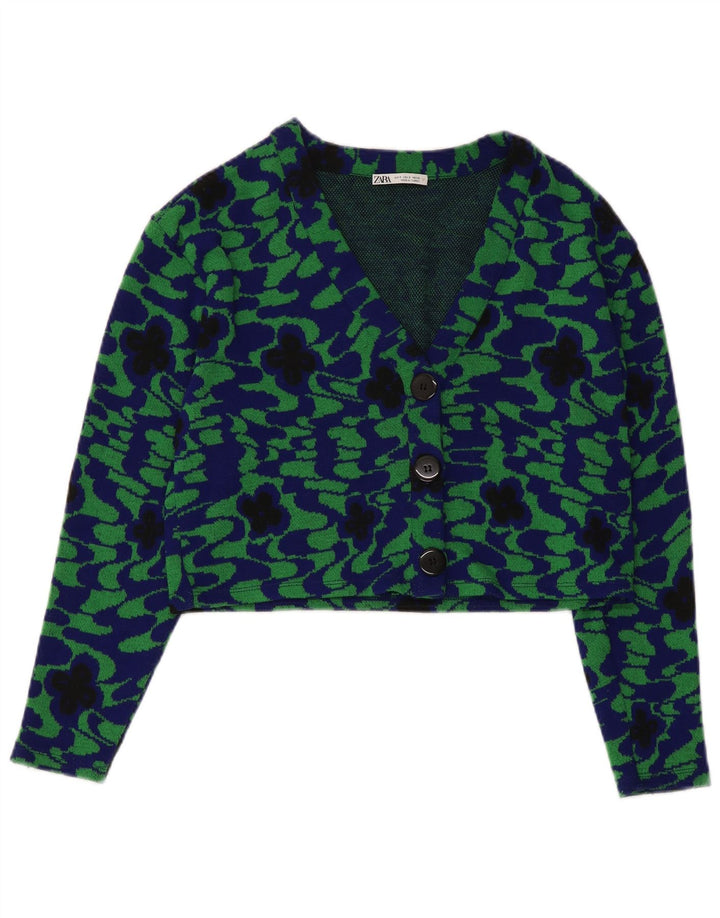 Zara Mujer Crop 3 Botones Blazer Chaqueta UK 10 Small Verde Floral Poliéster
