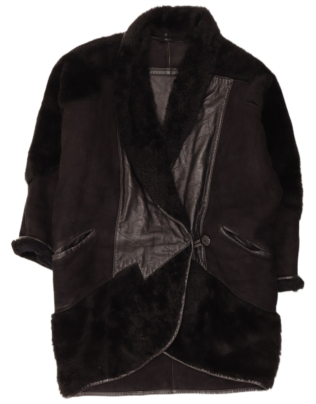 Vintage mujer shearling abrigo Reino Unido 18 XL negro