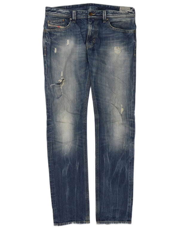 Diesel Hombre Thavar Vaqueros Ajustados Desgastados W34 L34 Algodón Azul