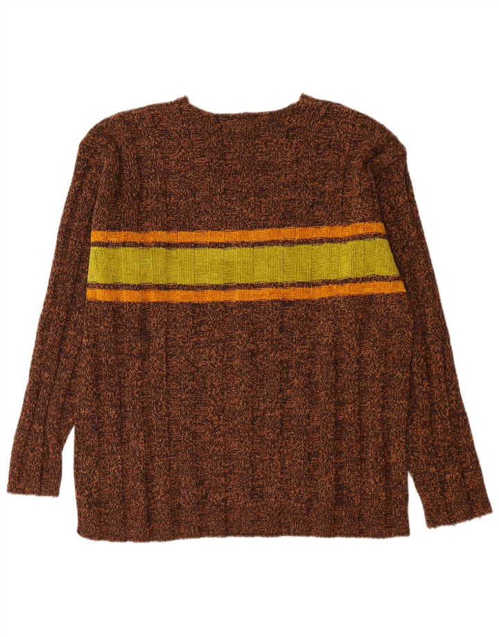 Vintage hombres V-cuello jumper suéter grande marrón colorblock lana