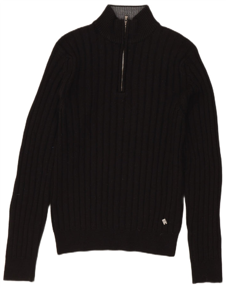 Rifle Suéter tipo jersey con cuello y cremallera para hombre Lana merino negra mediana