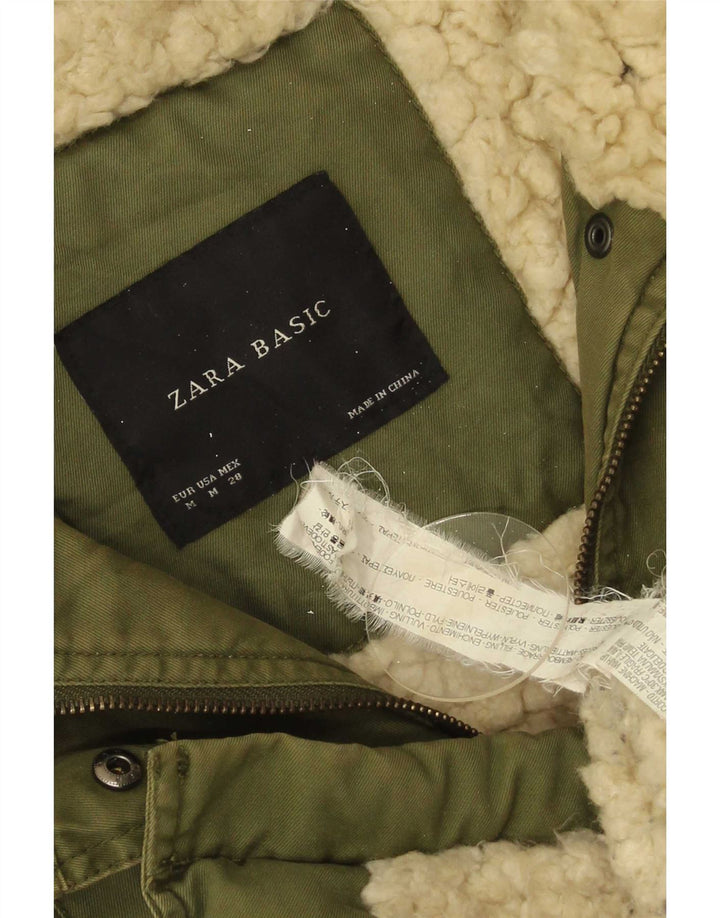 Zara Mujer Parka Con Capucha Chaqueta UK 44 Mediano Caqui Poliéster
