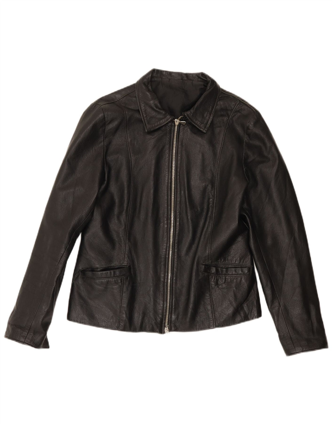 Vintage mujer chaqueta de cuero Reino Unido 14 cuero negro medio