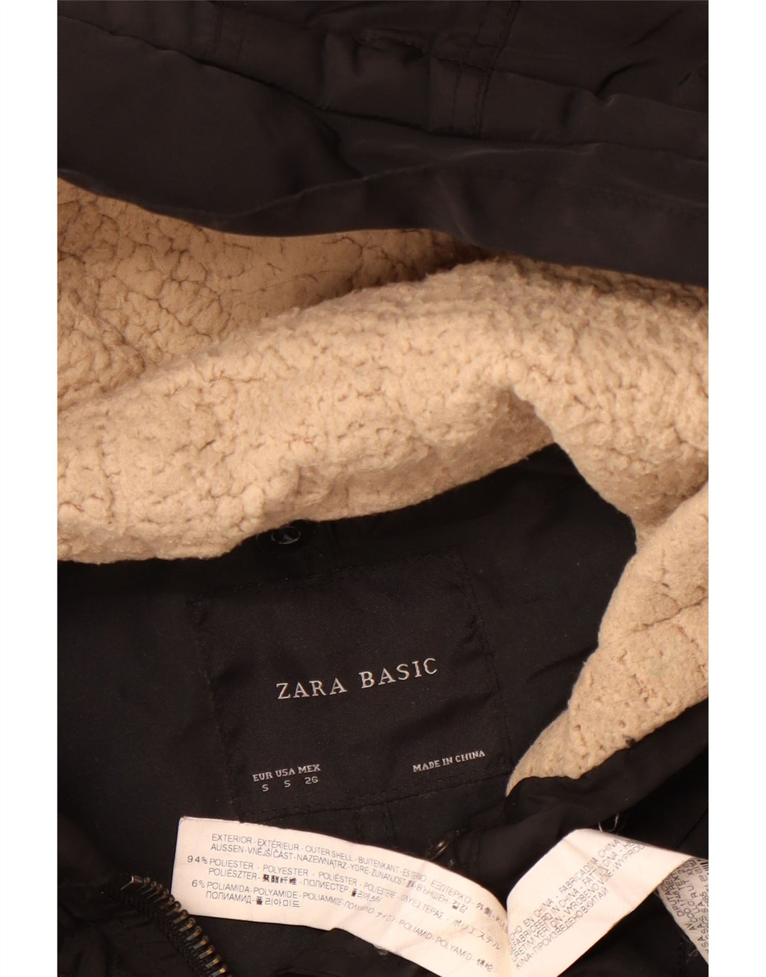 Zara Mujer Parka Con Capucha Chaqueta UK 10 Small Poliéster Negro
