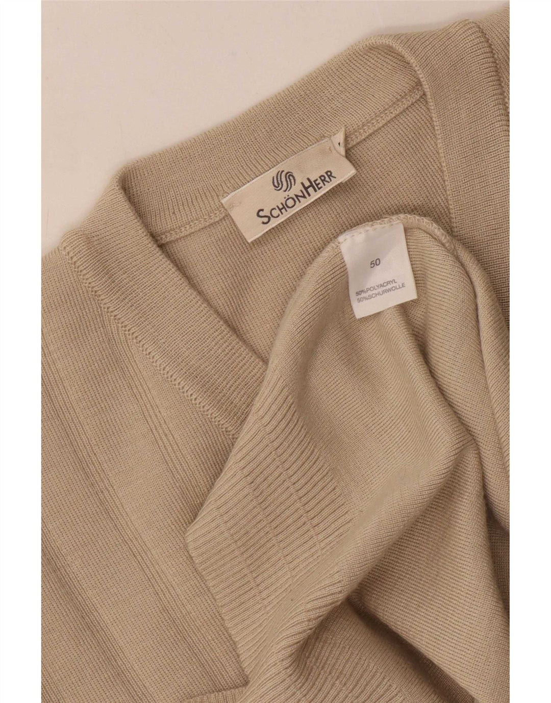 Vintage hombres V-cuello jumper suéter IT 50 medio beige rayas poliacrílico