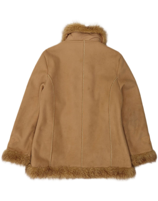 Vintage mujer abierta Sherpa chaqueta Reino Unido 14 poliéster beige grande