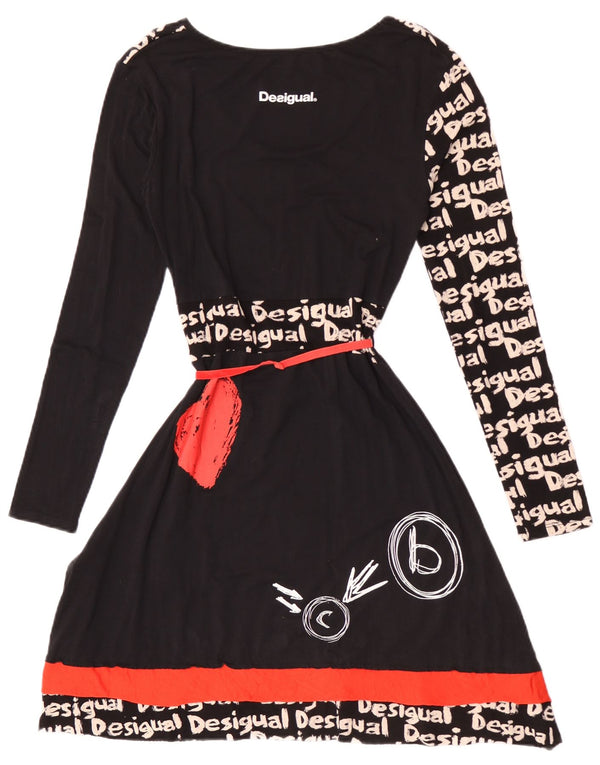 Desigual Vestido acampanado de manga larga gráfico para mujer UK 40 Viscosa negra mediana