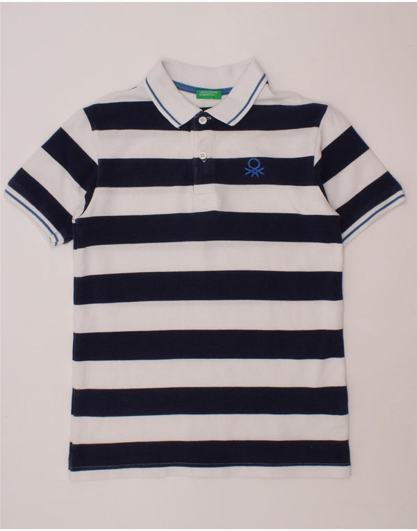 BENETTON Boys Polo Shirt 10-11 Years XL Navy Blue Striped Cotton