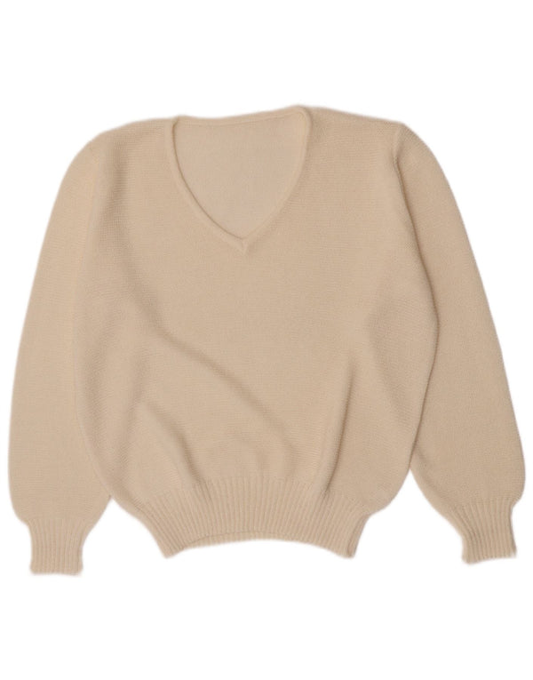 Vintage mujeres regular fit V-cuello jumper suéter Reino Unido 10 pequeño acrílico blanco