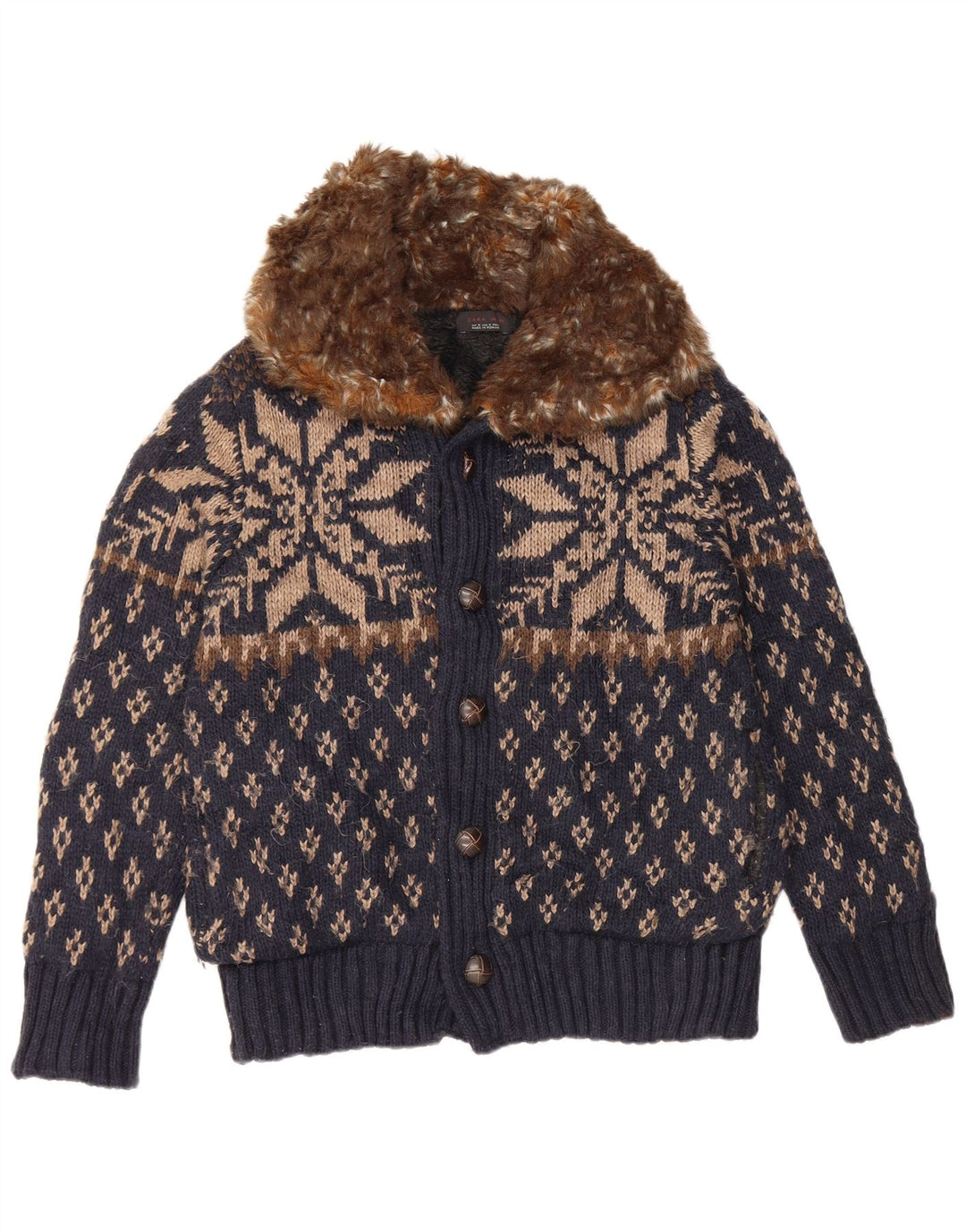 Zara Hombre Cárdigan Suéter Medio Azul Marino Fair Isle Acrílico