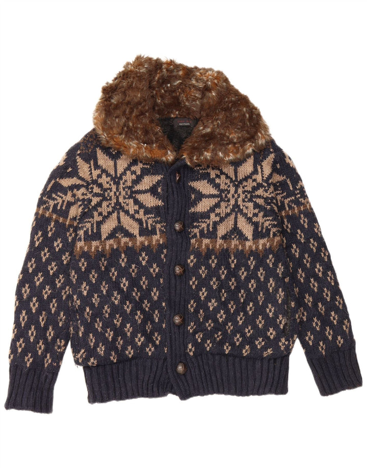 Zara Hombre Cárdigan Suéter Medio Azul Marino Fair Isle Acrílico