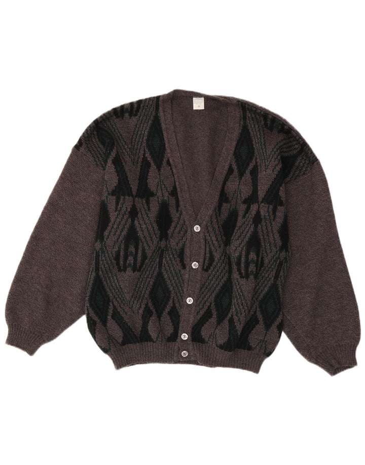 VINTAGE Hombres Cardigan Suéter Medio Gris Argyle/Diamante Acrílico