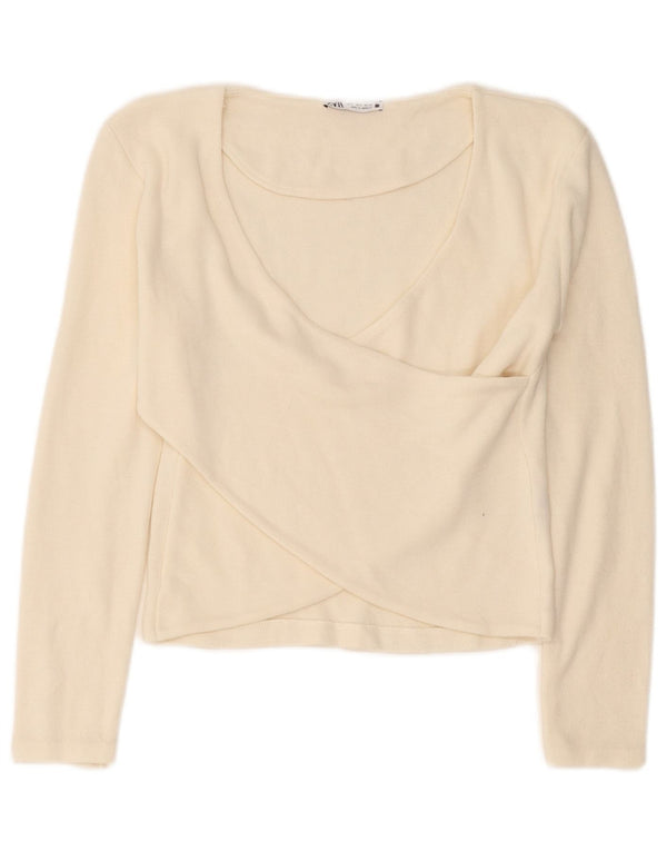 Zara Mujer Crop Blusa De Manga Larga Top UK 10 Small Off White Viscosa