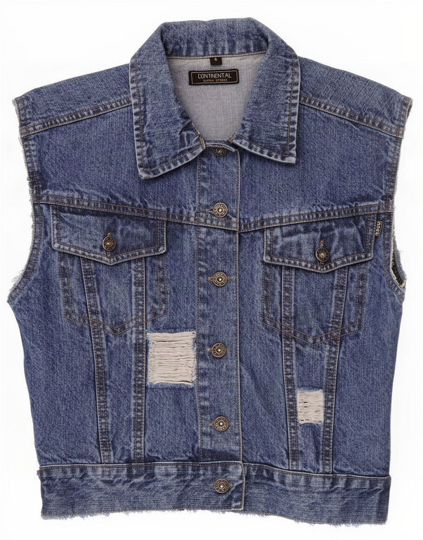 Vintage mujeres angustiado crop denim gilet Reino Unido 10 pequeño algodón azul