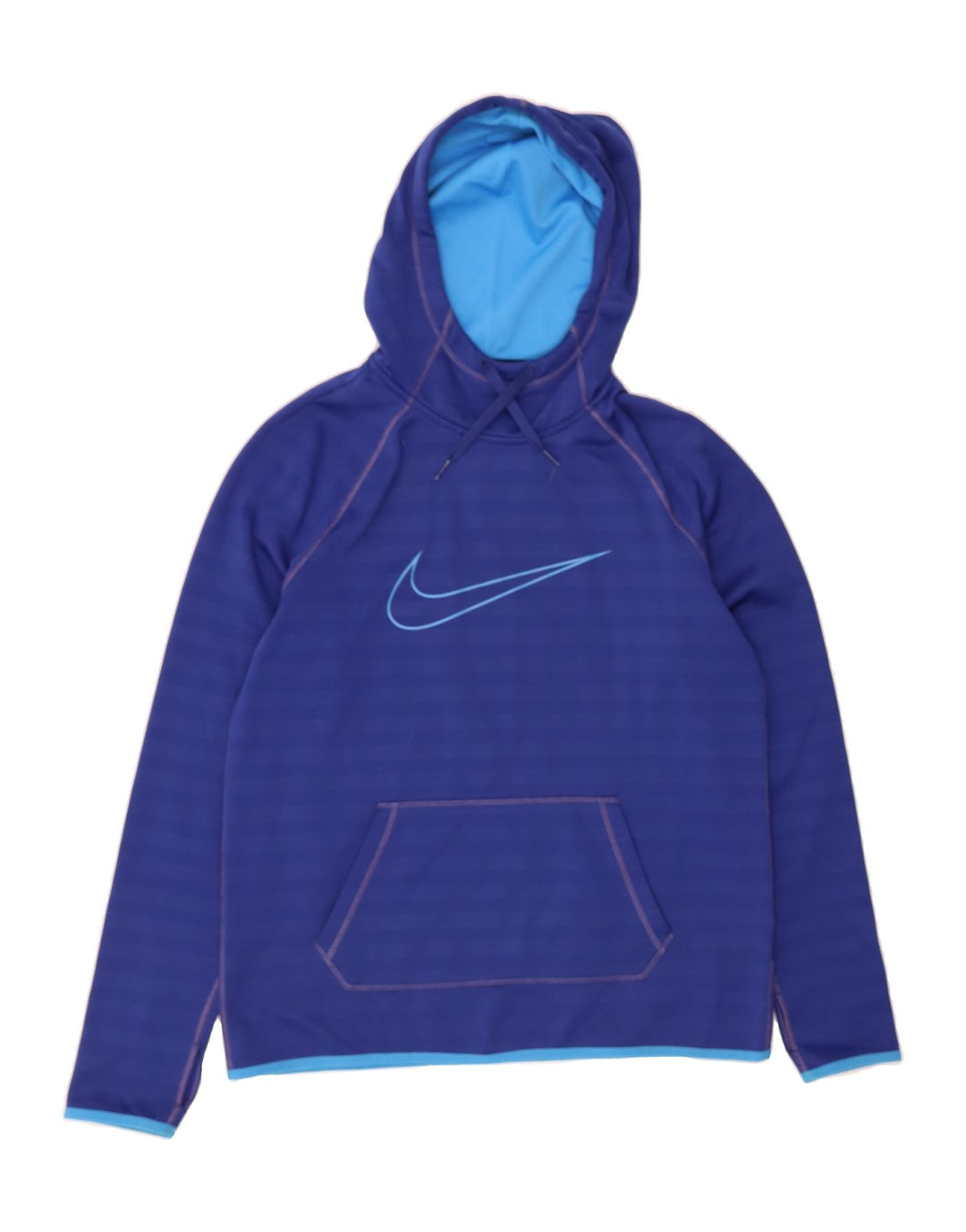 NIKE Womens Graphic Hoodie Jumper UK 14 Medium Blue Striped Polyester Vintage Nike and Second-Hand Nike from Messina Hembry 