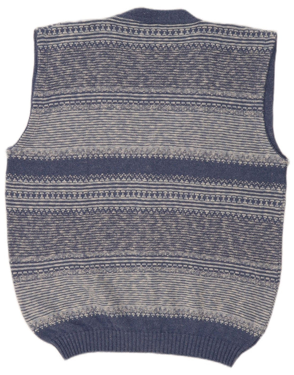 Vintage hombres sin mangas Cardigan suéter IT 52 grande azul rayas