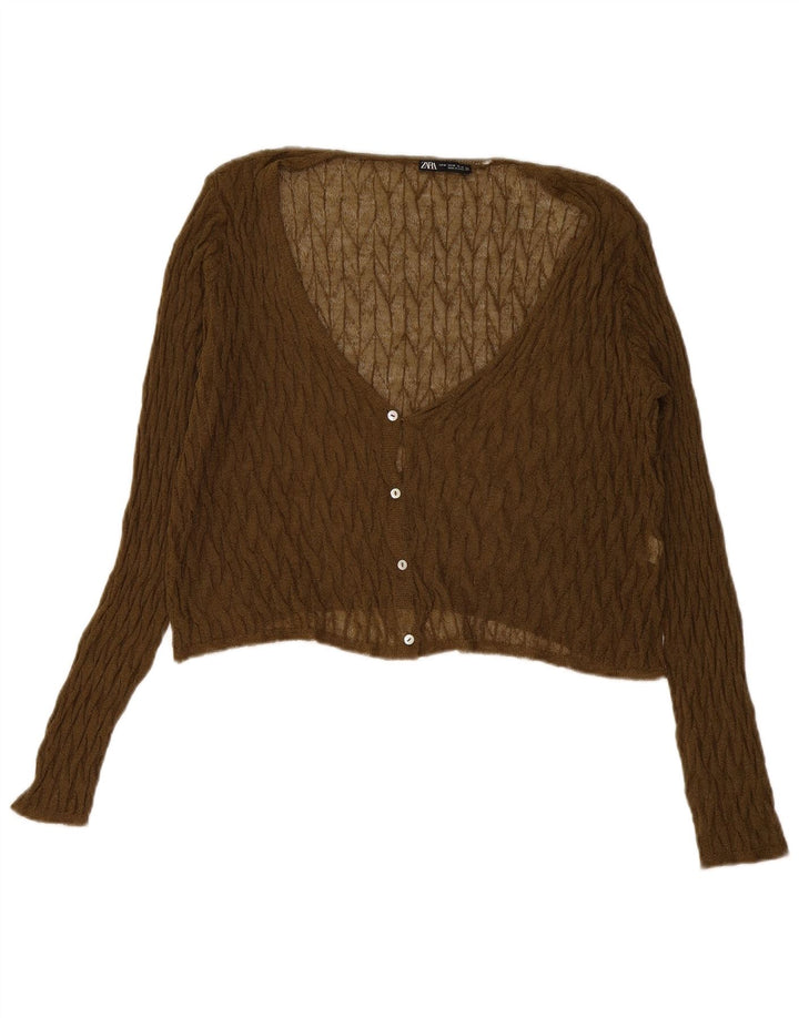 Zara Mujeres See Through Crop Cardigan Suéter UK 14 Medium Khaki