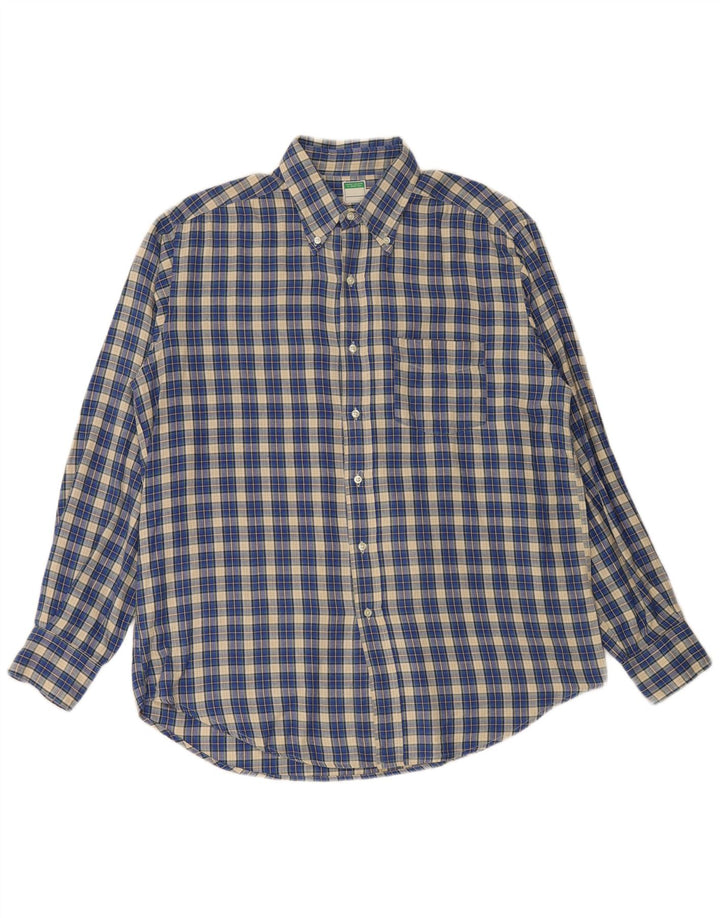BENETTON Mens Flannel Shirt Medium Blue Check Cotton
