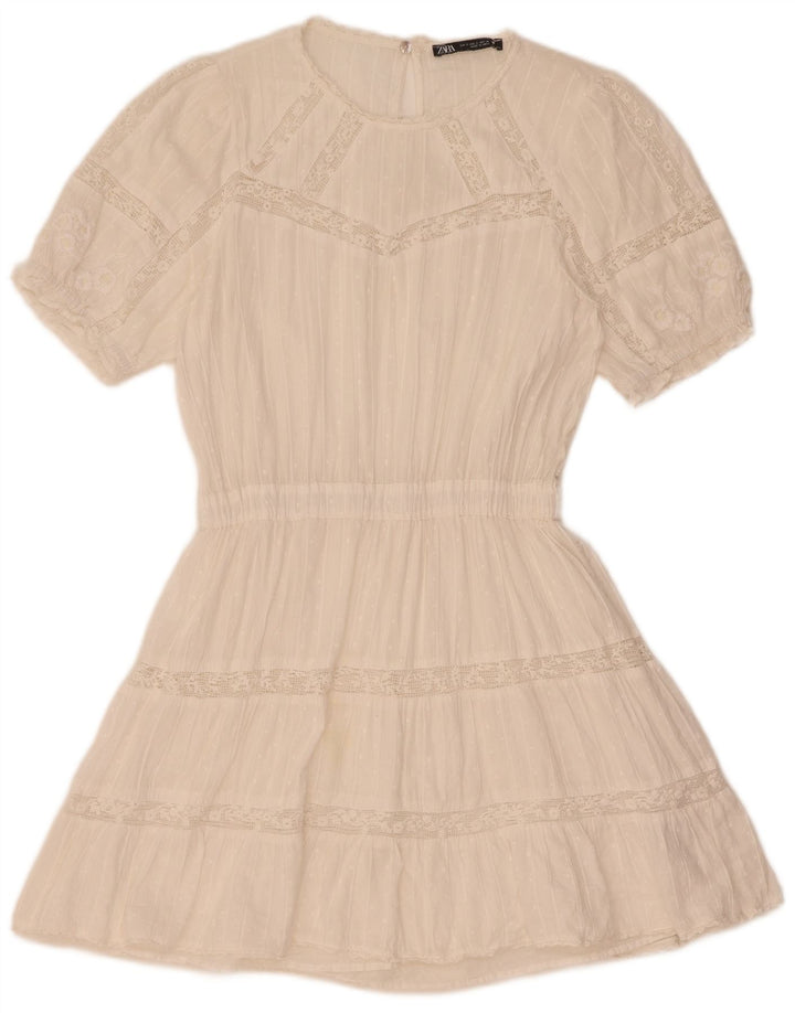 Zara Mujer Vestido Escalonado UK 40 Pequeño Algodón Blanco