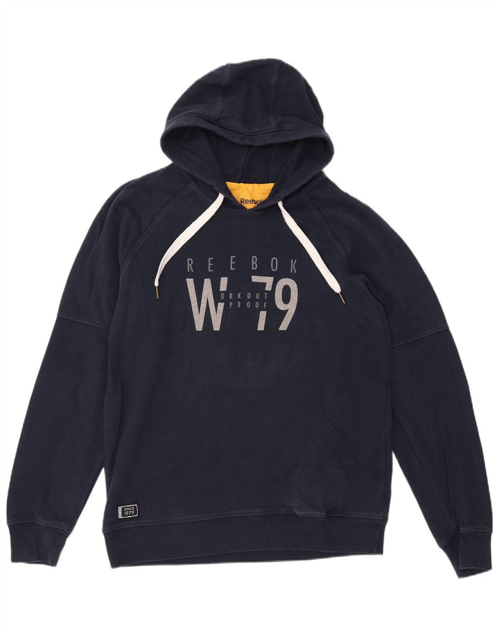 REEBOK Jersey con capucha gráfica para hombre, tamaño grande, algodón azul marino