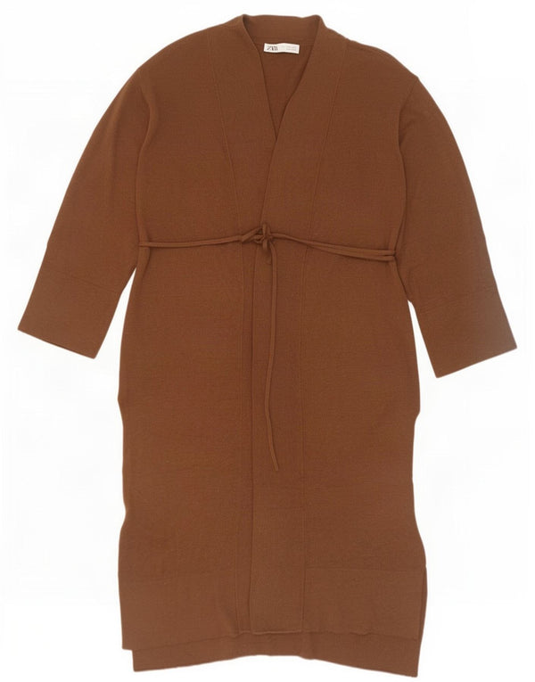 Zara Mujer Suéter Cárdigan Largo De Gran Tamaño UK 10 Small Marrón Poliéster