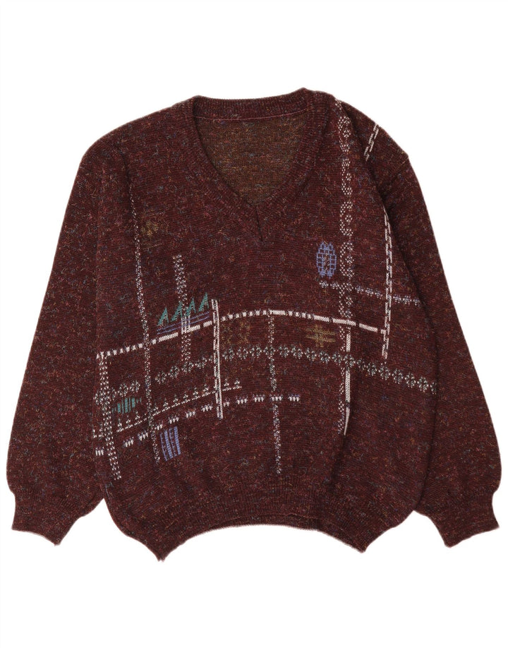 Vintage hombres V-cuello jumper suéter IT 48 marrón medio geométrico poliacrílico
