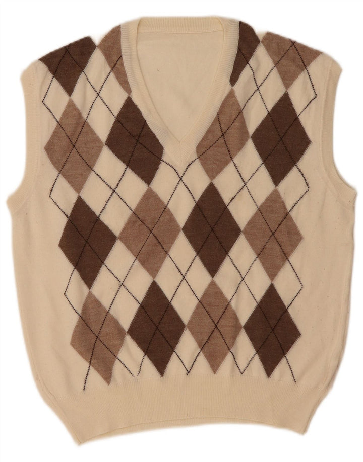 VINTAGE chaleco para hombre camiseta sin mangas medio blanco Argyle/lana de diamante