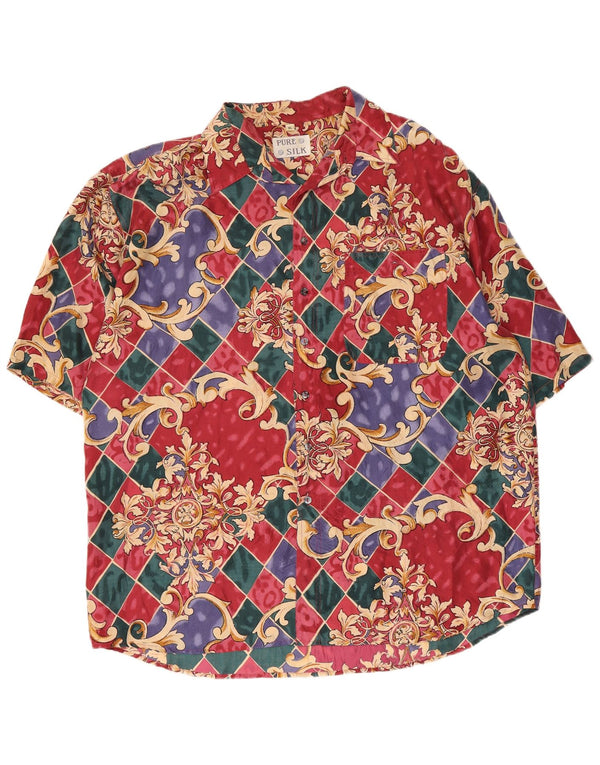 Camisa Vintage Hombre Manga Corta XL Seda Geométrica Multicolor